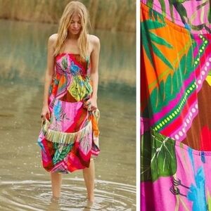 🫟 Farm Rio Anthropologie Palila Fringed Beaded Tassel Midi Dress - Sz L